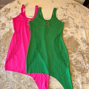 2 dresses Pink and Green Asymmetrical Bodycon Dress‎ Scoop Neck Sleeveless